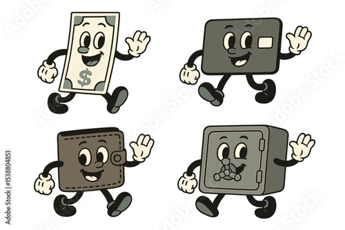 Fun and animated characters representing money, wallet, and safe joyfully walking together in a playful scene