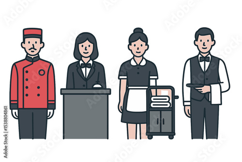 Illustration of hotel staff members engaging in various roles in a hospitality setting