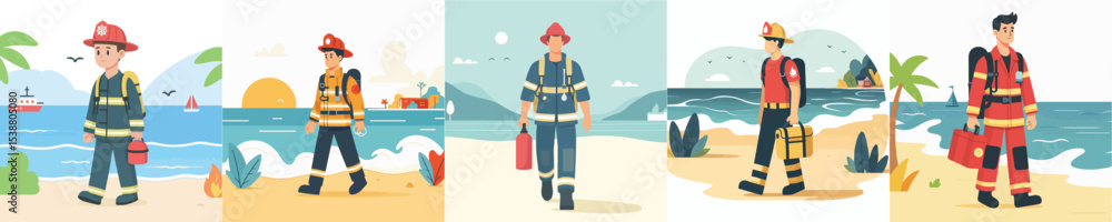 firefighter vector walking on the beach firefighter vector walking on the beach