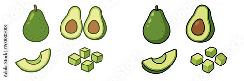 Different stages of avocados and their cubes arranged in a simple design layout