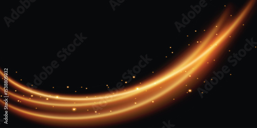 an abstract background with a dark space where smooth, curved orange-yellow light stripes pass, resembling movement or the effect of movement against the starry sky