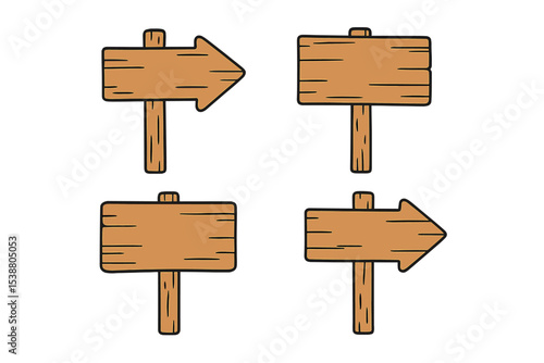 Wooden signs with arrows pointing right and blank options for various uses in directional guidance and decoration