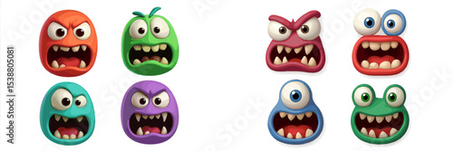 Colorful cartoon monster characters with expressive faces in various emotions and poses suitable for animation