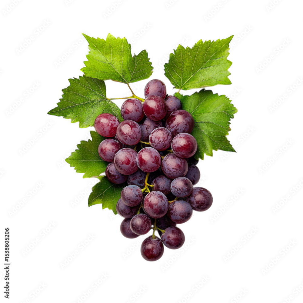 Fototapeta premium Fresh red grapes with green leaves on white background