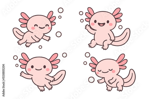 Cute cartoon axolotls swimming joyfully in bubbles, showcasing playful expressions and friendly gestures