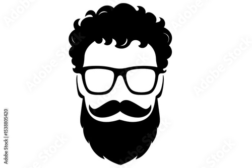 Stylized black and white illustration of a hipster man with curly hair, glasses, and a beard