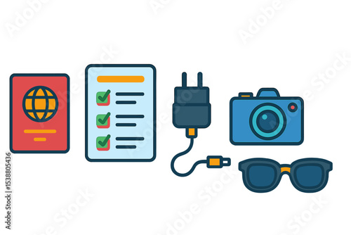 Preparing for travel with essential items like passport, camera, and checklist on a sunny day