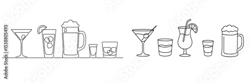 Different types of cocktails and beverages lined up on a bar counter during an evening gathering