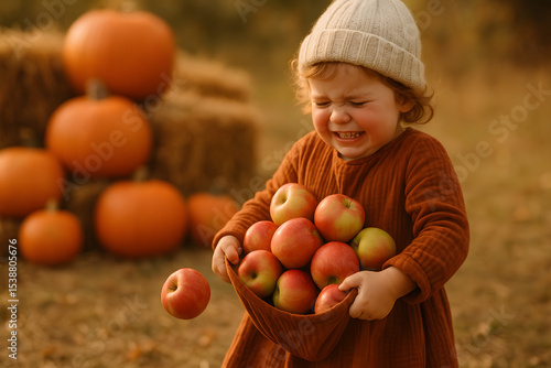 Young girl holding apples with a joyful expression in pumpkin patch  