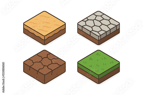 Variety of terrains represented in colorful block designs for creative projects and game development