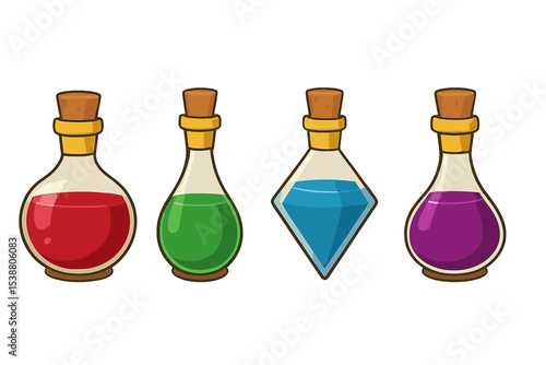 Colorful potion bottles lined up on a white background, showcasing different shapes and vibrant liquids