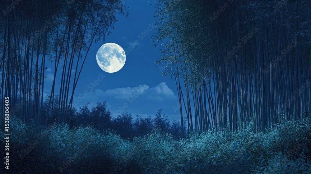 Naklejka premium Tranquil Moonlit Bamboo Forest Landscape Under Starry Night Sky Illuminated by Full Moon