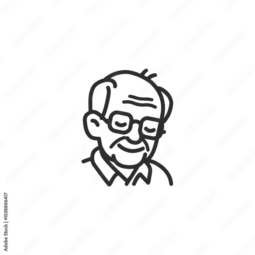 Elderly man smiles wearing glasses simplistic outline drawing Elderly man smiles wearing glasses simplistic outline drawing