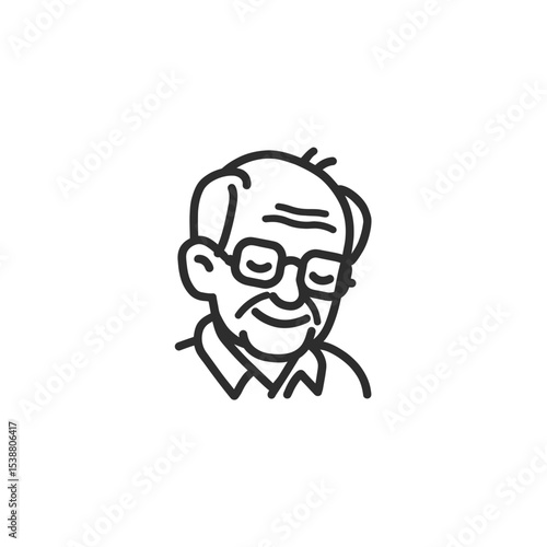 Elderly man smiles wearing glasses simplistic outline drawing