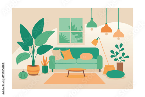 Modern Living Room Interior Design Green Plants & Cozy Decor