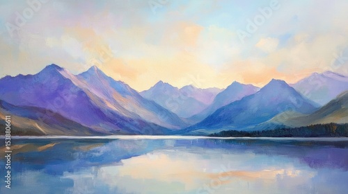 Serene Landscape with Mountains and Calm Water Reflection in Vibrant Pastel Colors at Sunset