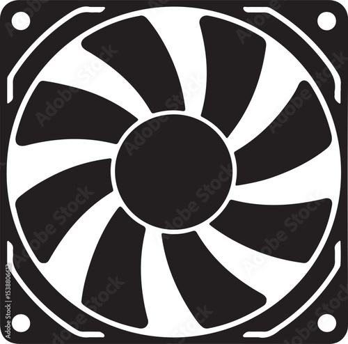 Illustration of a stylized computer cooling fan element with black and white blades