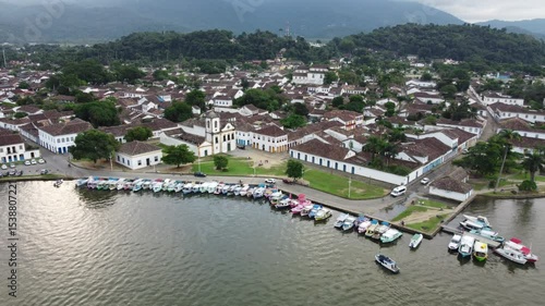 Parati, Rio de Janeiro, Brazil - april 01, 2024: Aerial view of Parati,  white colonial houses, cobbled streets, and lush tropical scenery by the sea.