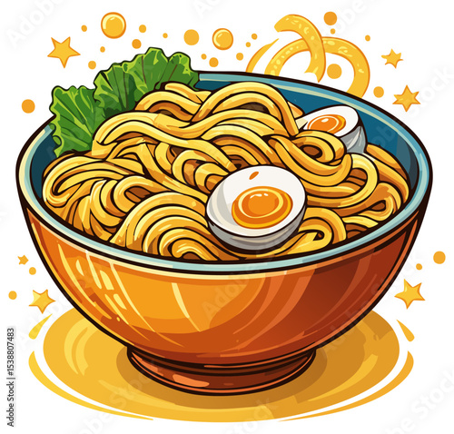 Bowl of ramen noodles with a hard boiled egg illustration, isolated 