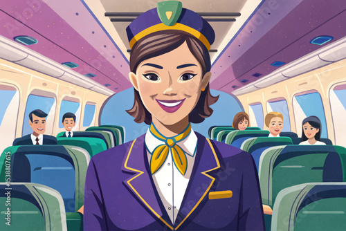 flight attendant with welcoming smile helping passenger during boarding vector concept of airline hospitality, in-flight service, and professional cabin crew assistance