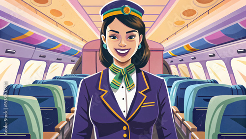 flight attendant with welcoming smile helping passenger during boarding vector concept of airline hospitality, in-flight service, and professional cabin crew assistance