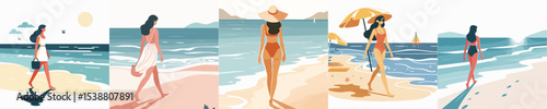 woman character vector walking on the beach