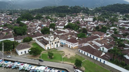 Parati, Rio de Janeiro, Brazil - april 01, 2024: Aerial view of Parati,  white colonial houses, cobbled streets, and lush tropical scenery by the sea.