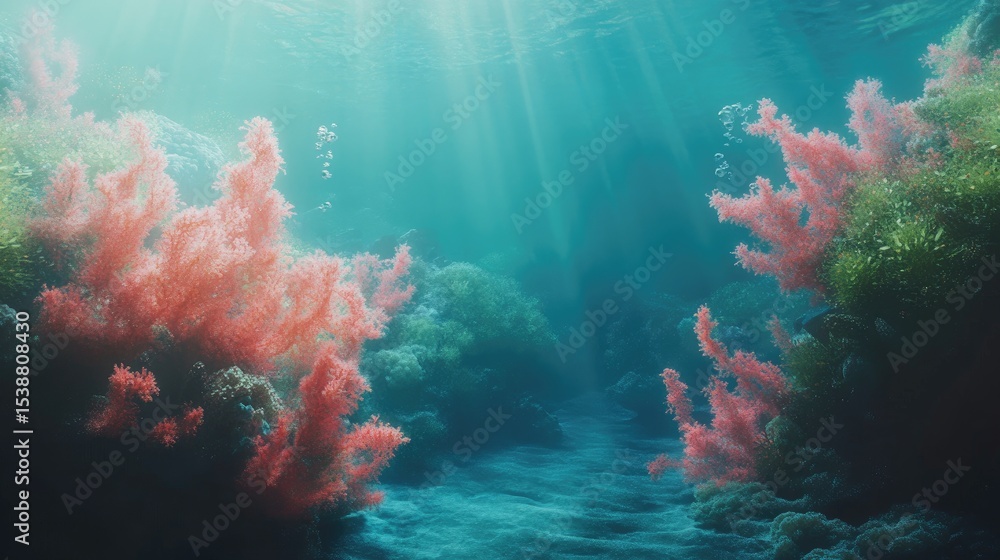 Naklejka premium Vibrant Underwater Scene with Colorful Coral Reefs and Sunlight Creating a Serene Ocean Environment