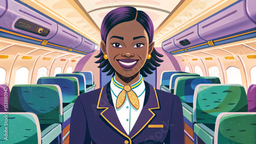 flight attendant with welcoming smile helping passenger during boarding vector concept of airline hospitality, in-flight service, and professional cabin crew assistance