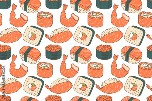 Seamless Pattern with Maki menu. Fresh hosomaki pieces with rice and nori, red fish, caviar, shrimp. Hand drawn lineart vector food illustration. Repeated background, textile, wallpaper, packaging.