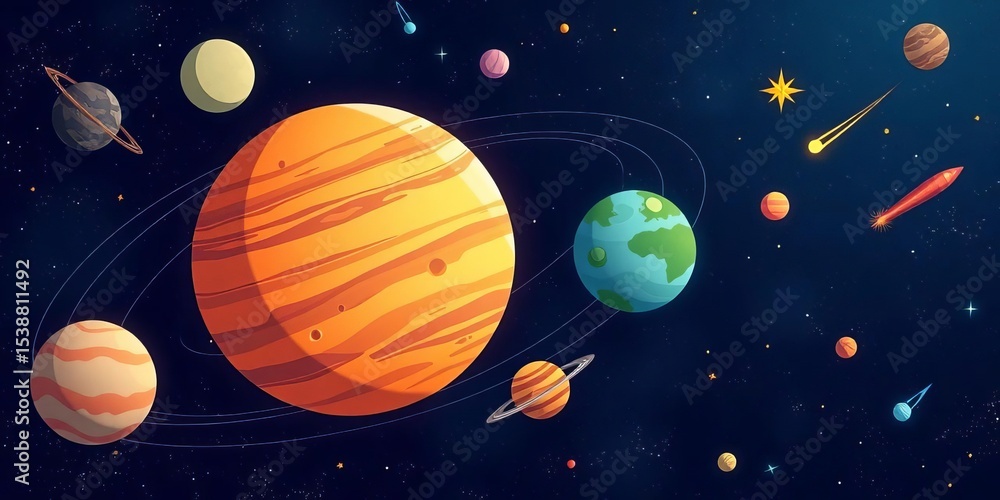 Fototapeta premium Cartoon solar system planets, stars, and comets on a cosmic background, illustration, galaxy