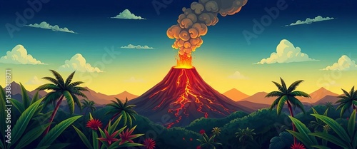 Cartoon volcano erupting, lava flows, smoke, tropical plants, palm trees, summer landscape,  whimsical,  illustration