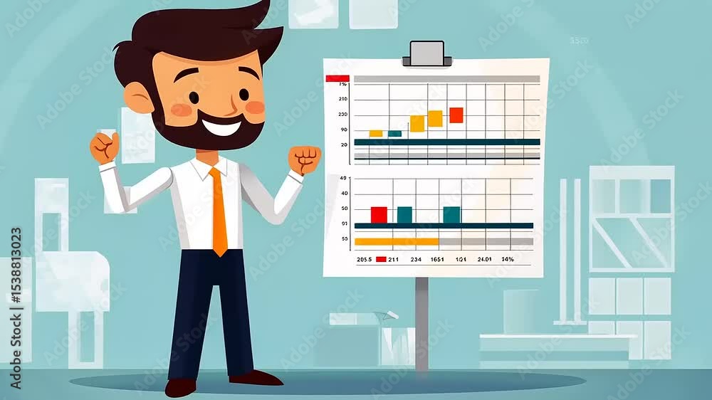 Cheerful businessman celebrating success in front of a colorful chart in a modern office environment Cheerful businessman celebrating success in front of a colorful chart in a modern office environment