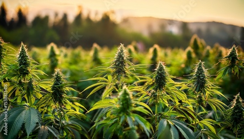 a vibrant green cannabis plant thrives amidst a lush field of its brethren bathed in soft natural light the detailed leaves and budding flowers showcase the plant s healthy growth generative ai
