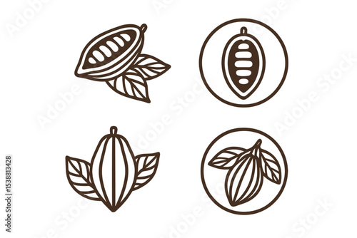 Cocoa pod illustrations featuring different designs with cocoa leaves and seeds