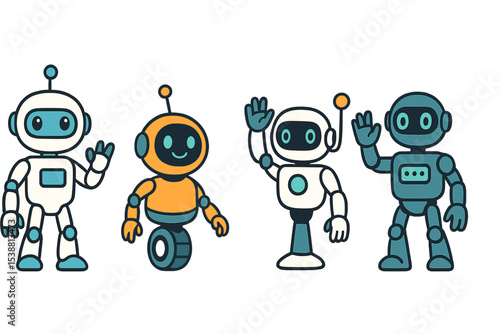 Four colorful cartoon robots waving cheerfully in a playful design, perfect for engaging technology-themed content
