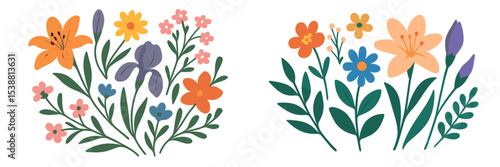 Colorful flower arrangements featuring various blossoms on a white background