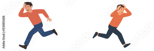 Two men running in different directions, expressing urgency and concern in a dynamic and animated environment