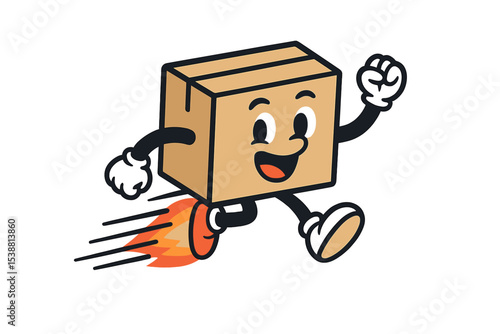 Cartoon box character running joyfully with speed lines in a playful and dynamic style