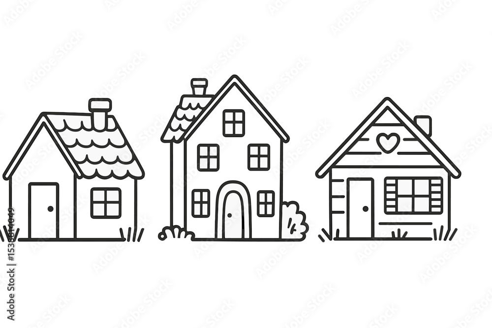Three hand-drawn houses illustrating different architectural styles in a playful, minimalistic design Three hand-drawn houses illustrating different architectural styles in a playful, minimalistic design