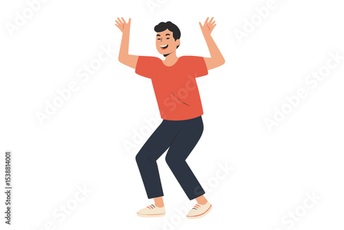 Joyful young man dancing energetically in casual attire indoors during daytime