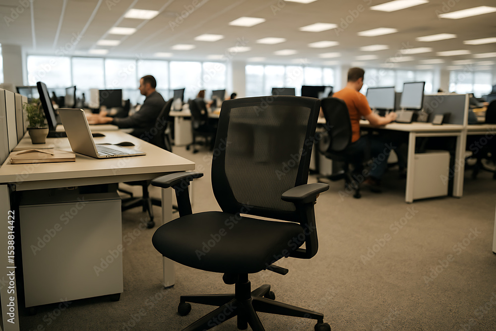 An empty office desk and chair with copy space, perfect for recruitment or job vacancy posters. An empty office desk and chair with copy space, perfect for recruitment or job vacancy posters.