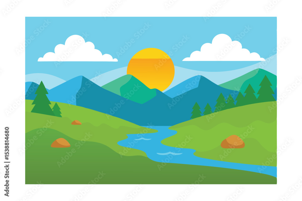 Fototapeta premium Serene Mountain Landscape Sunrise Over Rolling Hills and River