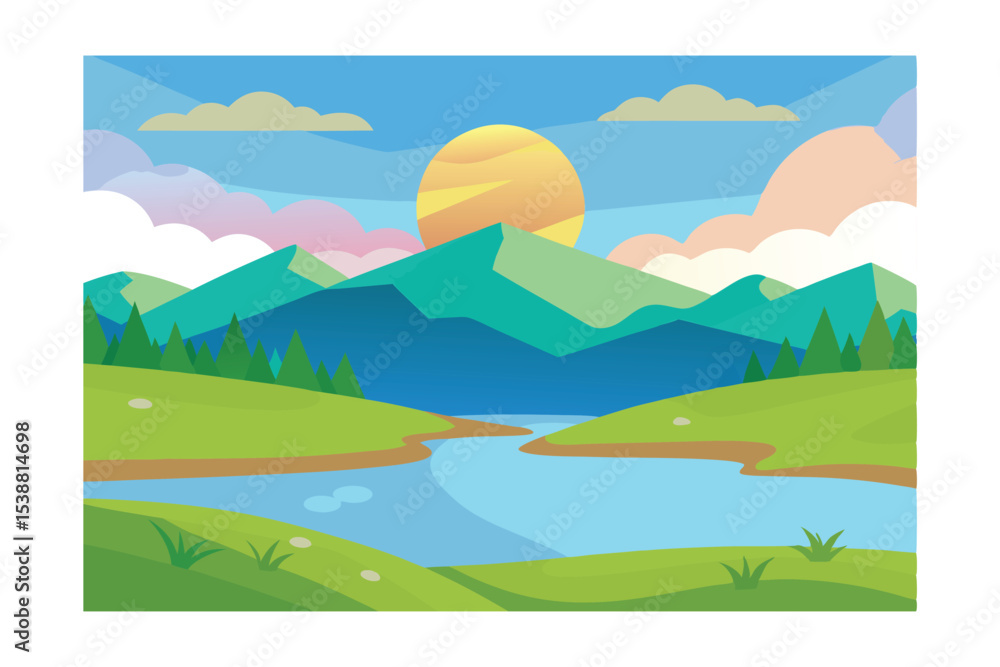 Obraz premium Serene Sunset Mountain Lake Landscape A Peaceful Nature Illustration