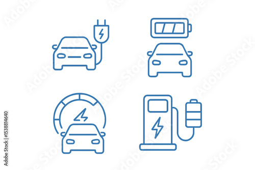 Electric vehicle icons illustrating charging, battery status, and performance metrics in a modern design