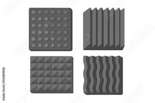 Acoustic foam panels in various shapes and textures for soundproofing and noise reduction in recording studios