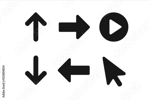 Directional symbols and play icon arranged in a grid pattern for interactive design and navigation purposes