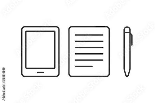 Electronic tablet, notepad, and pen arranged for studying or note-taking in a modern workspace