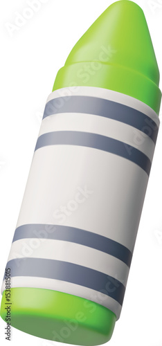 Wax crayon 3D plastic cartoon style vector icon, realistic green pencil, kids stationery for painting, drawing artwork