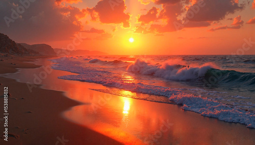 Calm sea at sunset with sandy shore against sunset horizon